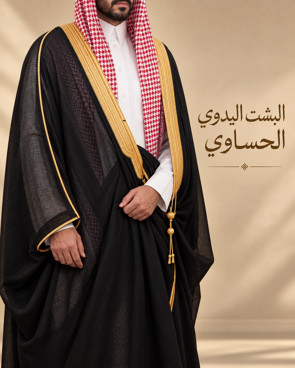 البشت اليدوي الحساوي الأسود بزري ذهبي